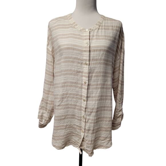 100% Linen Striped Button Up Tunic Top Resort Coastal‎ Euro Summer Cruise Size M - Picture 1 of 8